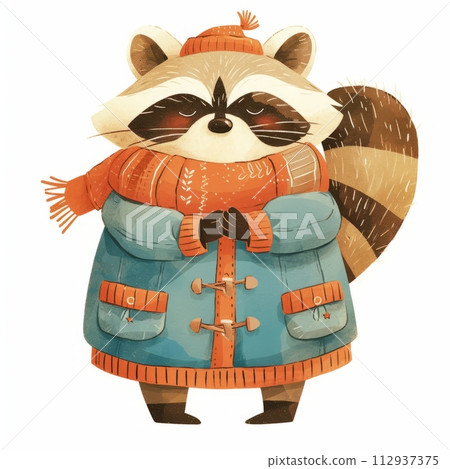Illustration of a cute funny raccoon in a scarf in winter isolated on a light background, children's illustration for a postcard 112937375