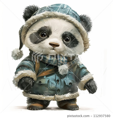 Illustration of a cute funny Panda bear in a scarf in winter isolated on a light background, children's illustration for a postcard 112937380