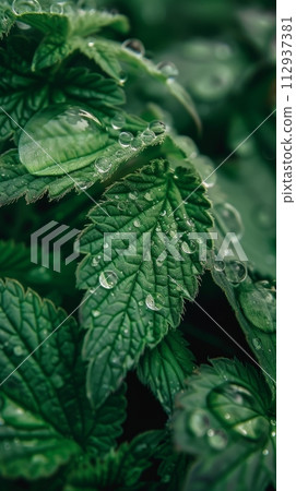 Background of green nettle leaves, beneficial nettle plant texture 112937381