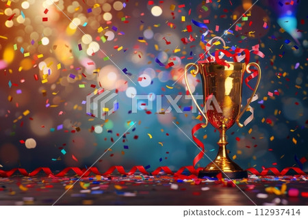 Shiny sparkling champion gold cup on a bright background with sparkles and confetti and festive satin ribbons, first place Trophy cup 112937414