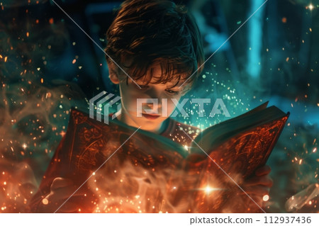 Child reading a book, magical unknown mysterious fantasy world in the book, banner 112937436