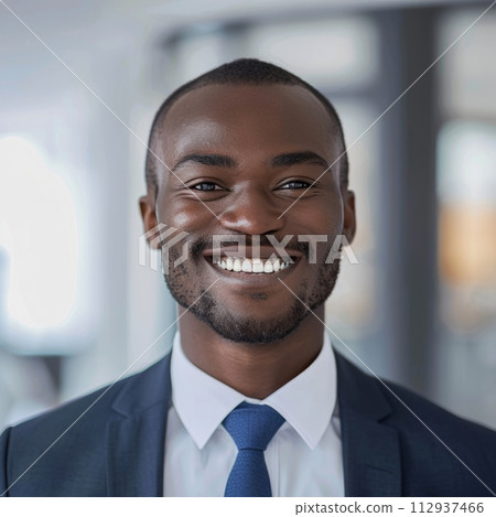 Smiling African American businessman 20-30 years old, active business man against the background of his office 112937466