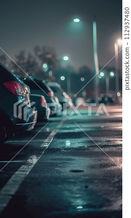 Blurred image of a parking lot, parking in the evening light in the fog 112937480