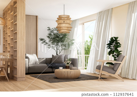 Modern contemporary wooden living and dining room with nature view 3d render, The decorated with gray sofa, Large window the wind blows the curtains. Modern contemporary wooden living and dining room with nature view 3d render, The decorated with gray sofa, Large window the wind blows the curtains. 112937641