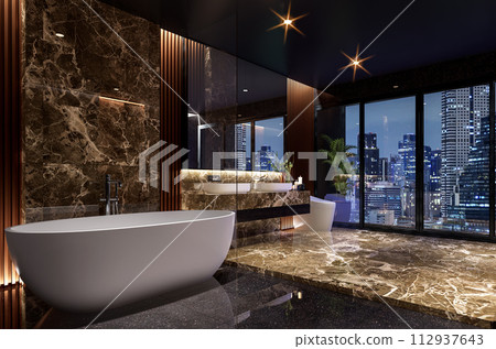 Modern style luxury black bathroom with glossy marble stone 3d render 112937643