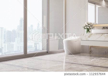 Minimal style white toilet by the large window in luxury bathroom with city view 3d render 112937644