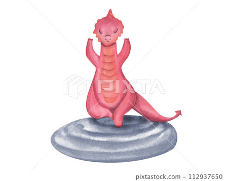 Red dragon meditating on stone. Animal practicing yoga exercises. Abstract dragon. Watercolor illustration isolated on white background. For yoga, spa center, logo 112937650