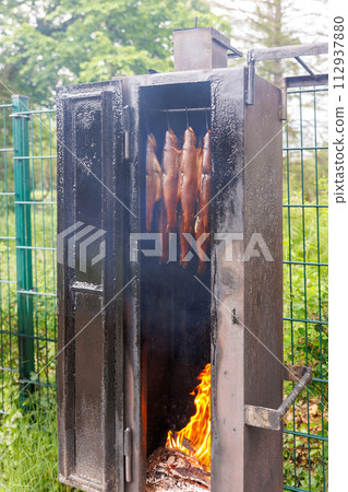 Fresh smoked rainbow trout fish hanging outdoors near smokehouse metal box. Traditional natural smoking process on wooden firewood chips. Homemade handmade hot smoke salmon Fresh smoked rainbow trout fish hanging outdoors near smokehouse metal box. Traditional natural smoking process on wooden firewood chips. Homemade handmade hot smoke salmon 112937880