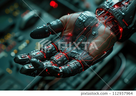 Cybernetic hands interfacing with a complex control panel.Science fiction media, technology concept art.AI Generated. 112937964