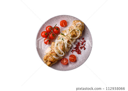 Delicious fresh chicken meat kebab with salt, spices and herbs Delicious fresh chicken meat kebab with salt, spices and herbs 112938066
