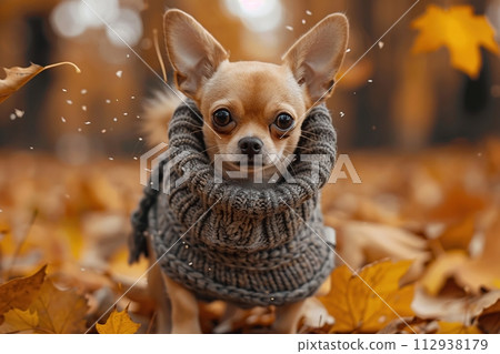 Chihuahua in a sweater amidst falling autumn leaves. Generated AI. 112938179