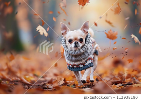 Chihuahua in a sweater amidst falling autumn leaves. Generated AI. 112938180