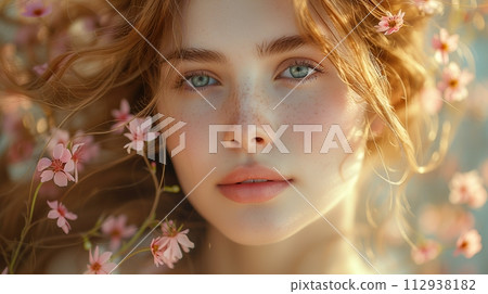 Woman with freckles surrounded by pink blossoms. Generated AI. 112938182