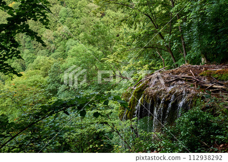 Tranquil Summit Panorama: Majestic Waterfall View amidst Black Forest Scenery in Germany. Riverside Cabin Retreat: Tranquil Hideaway in Germany's Scwarzwald amid Lush Greenery. 112938292