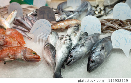 Colorful choice of fish at a market in Spain. Closeup of fish on display in a fish market, food concept 112938529