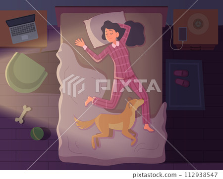 Bedtime people. Lying characters top view illustrations of couples and kids sleeping time in bed exact vector cartoon background 112938547