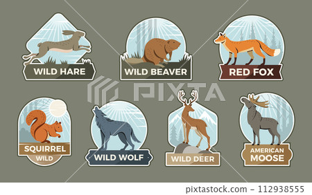 Wild animals labels. Stylized pictures for emblems wild forest wolf bear and fox deer recent vector badges with place for text Wild animals labels. Stylized pictures for emblems wild forest wolf bear and fox deer recent vector badges with place for text 112938555
