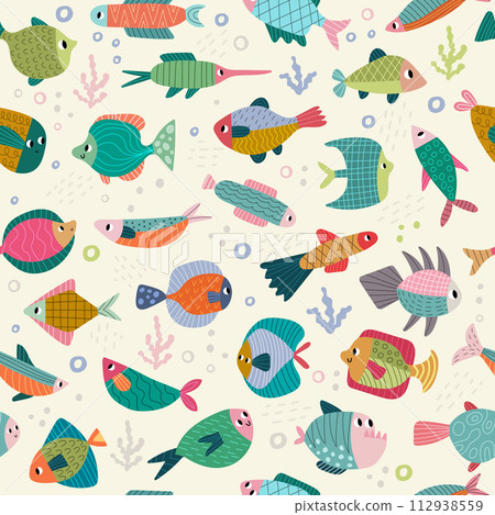 Fish pattern. Set of underwater life with fishes recent vector seamless background Fish pattern. Set of underwater life with fishes recent vector seamless background 112938559