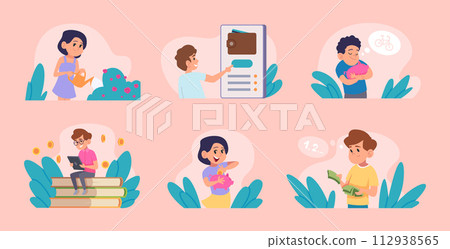 Kids and money. Set about pocket money parents take a financial skills for kids exact vector saving coins concept 112938565