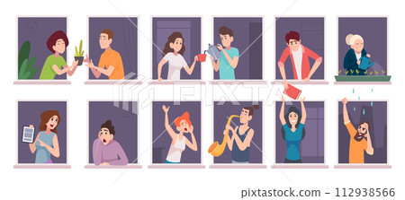 People in window. Neighbors help through window frames exact vector people in their houses 112938566