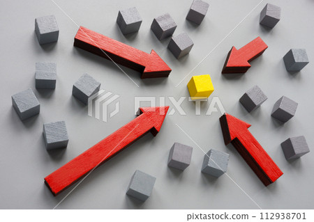 Resilience, stand out from the crowd or be different. A yellow cube with arrows pointing at it. Resilience, stand out from the crowd or be different. A yellow cube with arrows pointing at it. 112938701