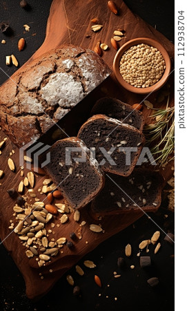 Artisan bread with seeds and nuts on a wooden board. Generated AI. Artisan bread with seeds and nuts on a wooden board. Generated AI. 112938704