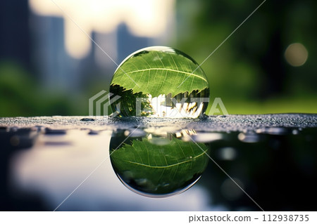 Raindrop on a glass sphere reflecting a leaf and cityscape. Generated AI. 112938735
