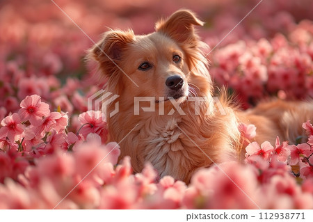 Dog amidst a field of pink flowers looking back. Generated AI. 112938771