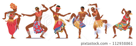 African Tribal Dancers Characters In Traditional Attire, Move With Rhythmic Grace, Their Bodies Echoing The Beats 112938861