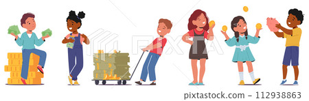 Kids Characters With Money. Children Empower Financial Literacy and Education. Learn Money Basics, Saving And Spending 112938863