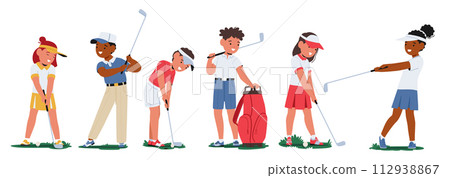 Children Characters With Focused Expressions, Swing Their Clubs Gently, On A Miniature Golf Course, Vector Illustration Children Characters With Focused Expressions, Swing Their Clubs Gently, On A Miniature Golf Course, Vector Illustration 112938867