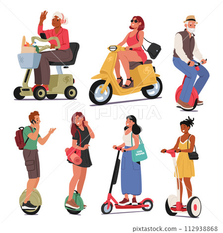 Characters Glide Through Cityscapes On Electric Scooters And Bikes, Embodying Modern Eco-friendly Commuting, Vector Set Characters Glide Through Cityscapes On Electric Scooters And Bikes, Embodying Modern Eco-friendly Commuting, Vector Set 112938868