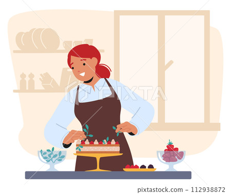 Woman Skillfully Adorns A Cake With Fresh Berries And Toppings On A Kitchen Counter, Cartoon People Vector Illustration 112938872