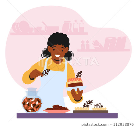 Black Woman Character Delicately Adorns A Cake In Her Kitchen, Carefully Crafting Intricate Designs With Chocolate 112938876