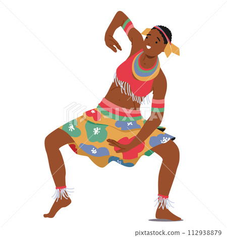 African Female Tribal Dancer Character With Vibrant Beads And Colorful Fabrics, Moves To The Rhythmic Drumbeats 112938879