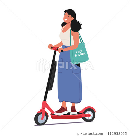 Woman Glides Smoothly Through The City Streets On An Electric Scooter, Embodying Urban Mobility And Eco-friendly Travel 112938935