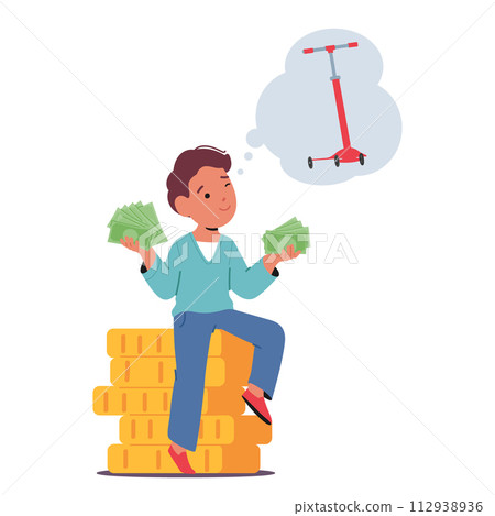 Young Boy Sits Atop A Mountain Of Cash, Eyes Sparkling With Dreams, Envisioning The Day He Rides His Very Own Scooter 112938936