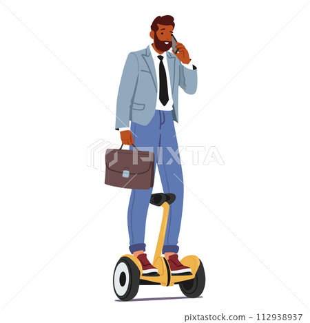 Businessman Character Expertly Balanced On Segway, Glides Through The Cityscape, His Focused Gaze Locked On The Horizon 112938937