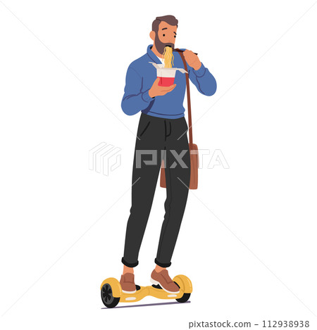 Man Character Glides Effortlessly On A Sleek Hoverboard, Expertly Balancing A Box Of Steaming Wok Noodles 112938938