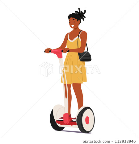 Woman Gracefully Rides Her Segway, Navigating The Streets With A Blend Of Elegance And Modernity, Vector Illustration Woman Gracefully Rides Her Segway, Navigating The Streets With A Blend Of Elegance And Modernity, Vector Illustration 112938940