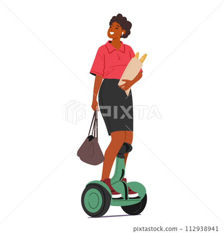 Woman Maneuvers A Hoverboard Effortlessly, A Grocery Bag Balanced In One Hand, Black Female Character Gliding Smoothly Woman Maneuvers A Hoverboard Effortlessly, A Grocery Bag Balanced In One Hand, Black Female Character Gliding Smoothly 112938941