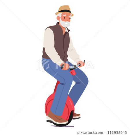 Elderly Gentleman Joyfully Maneuvers An Electric Monowheel, Embracing Modern Mobility With A Smile, Cartoon Illustration Elderly Gentleman Joyfully Maneuvers An Electric Monowheel, Embracing Modern Mobility With A Smile, Cartoon Illustration 112938943