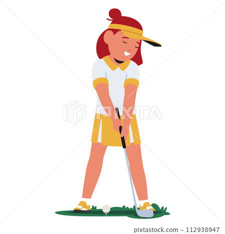 Young Girl With Focused Determination Practices Her Golf Swing, Clad In Sporty Attire Amidst The Lush, Green Golf Course 112938947