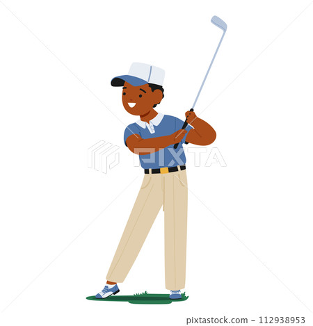 Little Boy Character, Concentrated And Joyful, Stands On Vibrant Green, Swinging His Golf Club With Youthful Enthusiasm Little Boy Character, Concentrated And Joyful, Stands On Vibrant Green, Swinging His Golf Club With Youthful Enthusiasm 112938953