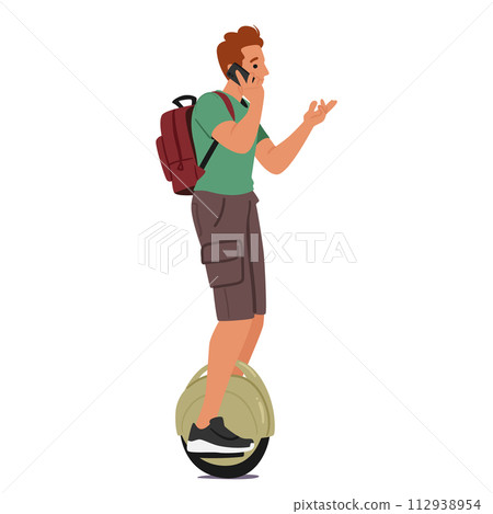 Teenage Boy Masterfully Balances On Electric Unicycle, Zipping Through The Cityscape While Chatting On His Phone 112938954