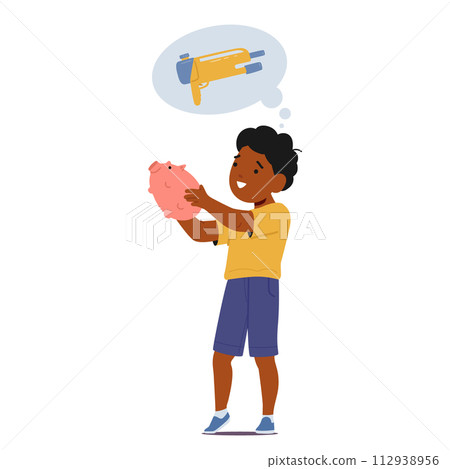 Little Child Gazes At A Piggy Bank, Holding It Tightly, Dreaming Of Buying A Cherished Toy Gun, Vector Illustration Little Child Gazes At A Piggy Bank, Holding It Tightly, Dreaming Of Buying A Cherished Toy Gun, Vector Illustration 112938956