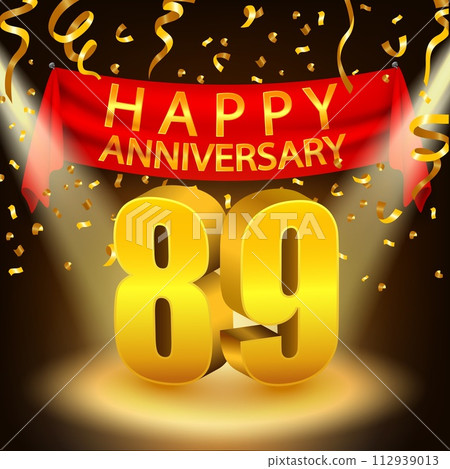 Happy 89th Anniversary Celebration with Golden Confetti and Spotlight, Vector Illustration 112939013