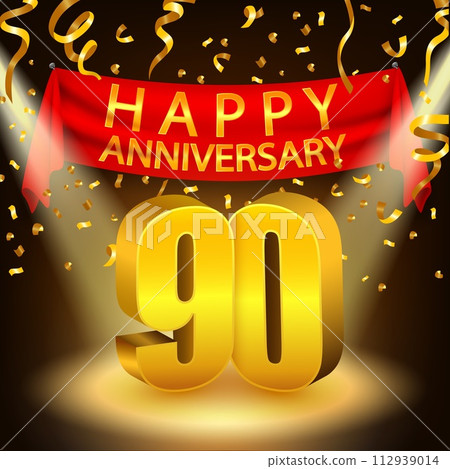 Happy 90th Anniversary Celebration with Golden Confetti and Spotlight, Vector Illustration Happy 90th Anniversary Celebration with Golden Confetti and Spotlight, Vector Illustration 112939014