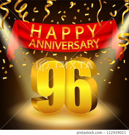 Happy 96th Anniversary Celebration with Golden Confetti and Spotlight, Vector Illustration 112939021