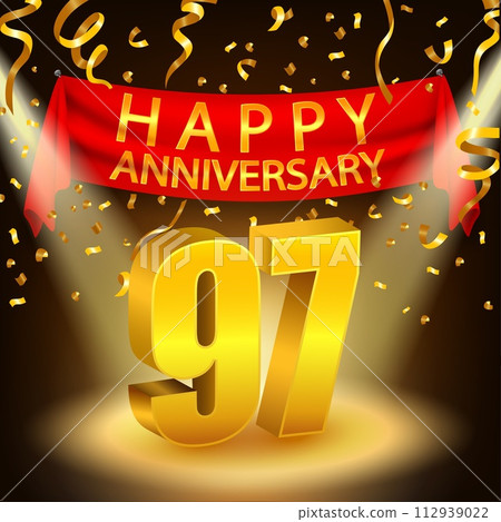 Happy 97th Anniversary Celebration with Golden Confetti and Spotlight, Vector Illustration 112939022